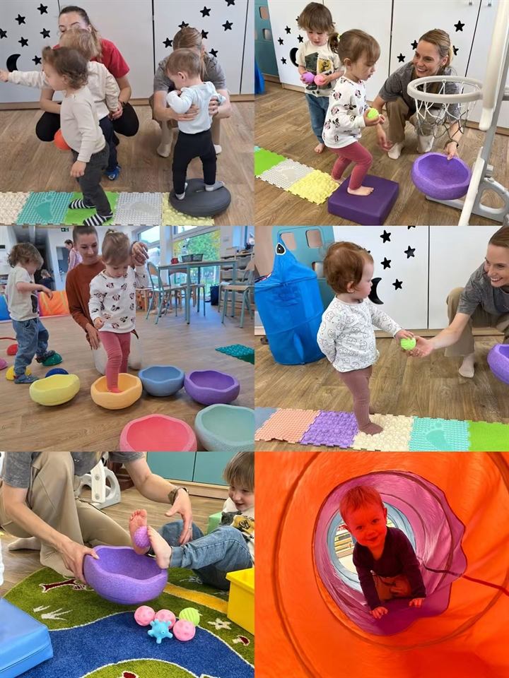Děti cvičí rovnováhu na balančních kamenech a senzorické dráze